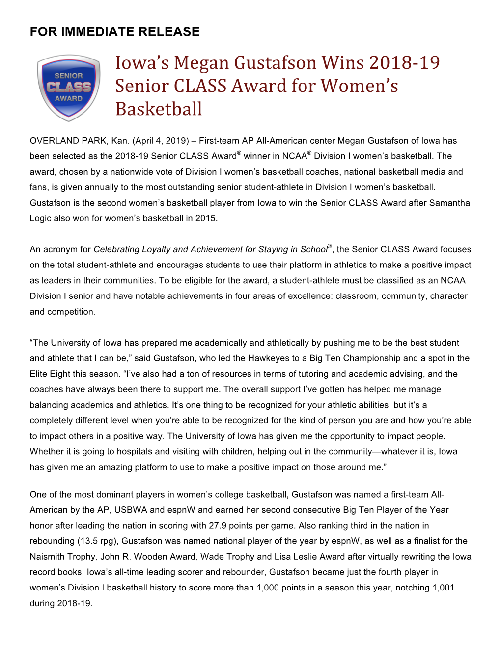 Iowa's Megan Gustafson Wins 2018-19 Senior CLASS Award For