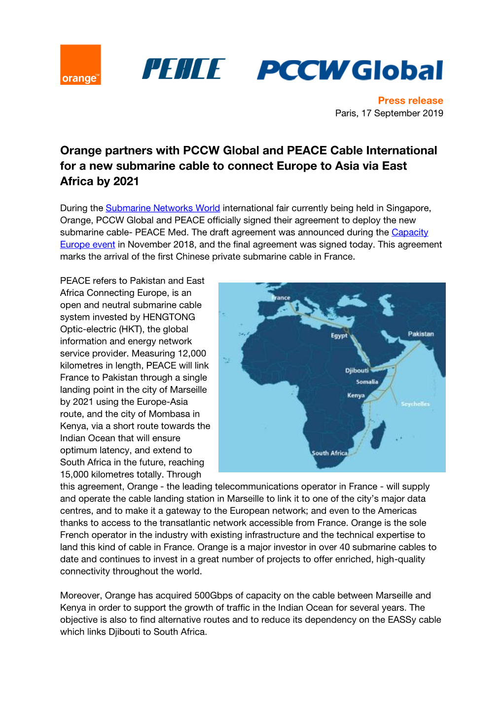 Orange Partners with PCCW Global and PEACE Cable International for a New Submarine Cable to Connect Europe to Asia Via East Africa by 2021