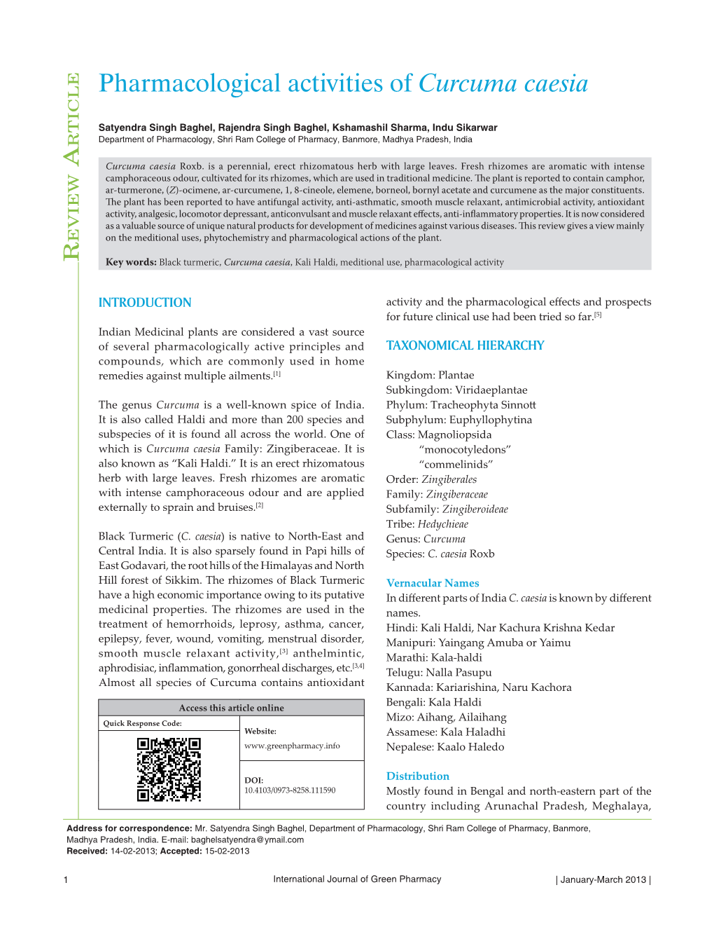 Pharmacological Activities of Curcuma Caesia