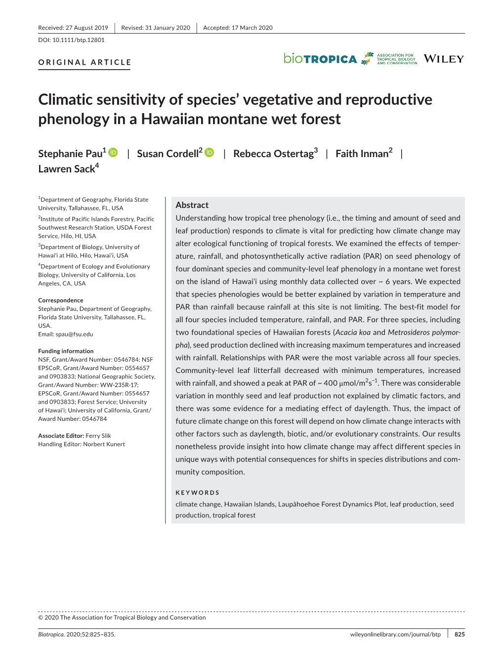 Climatic Sensitivity of Species' Vegetative and Reproductive