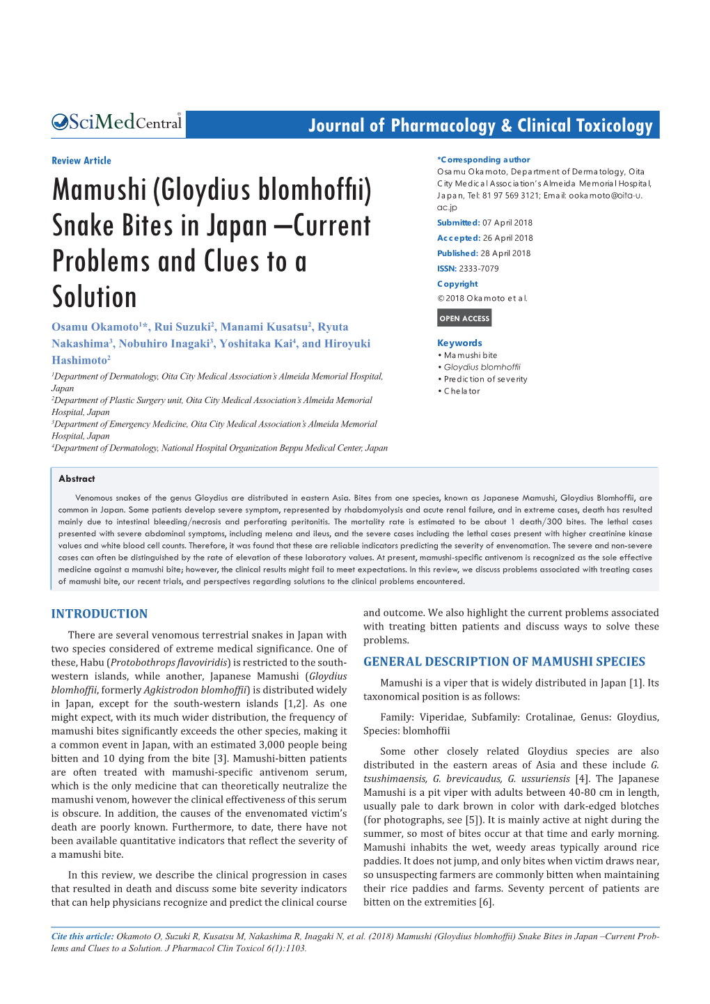 Gloydius Blomhoffii) Japan, Tel: 81 97 569 3121; Email: Ookamoto@