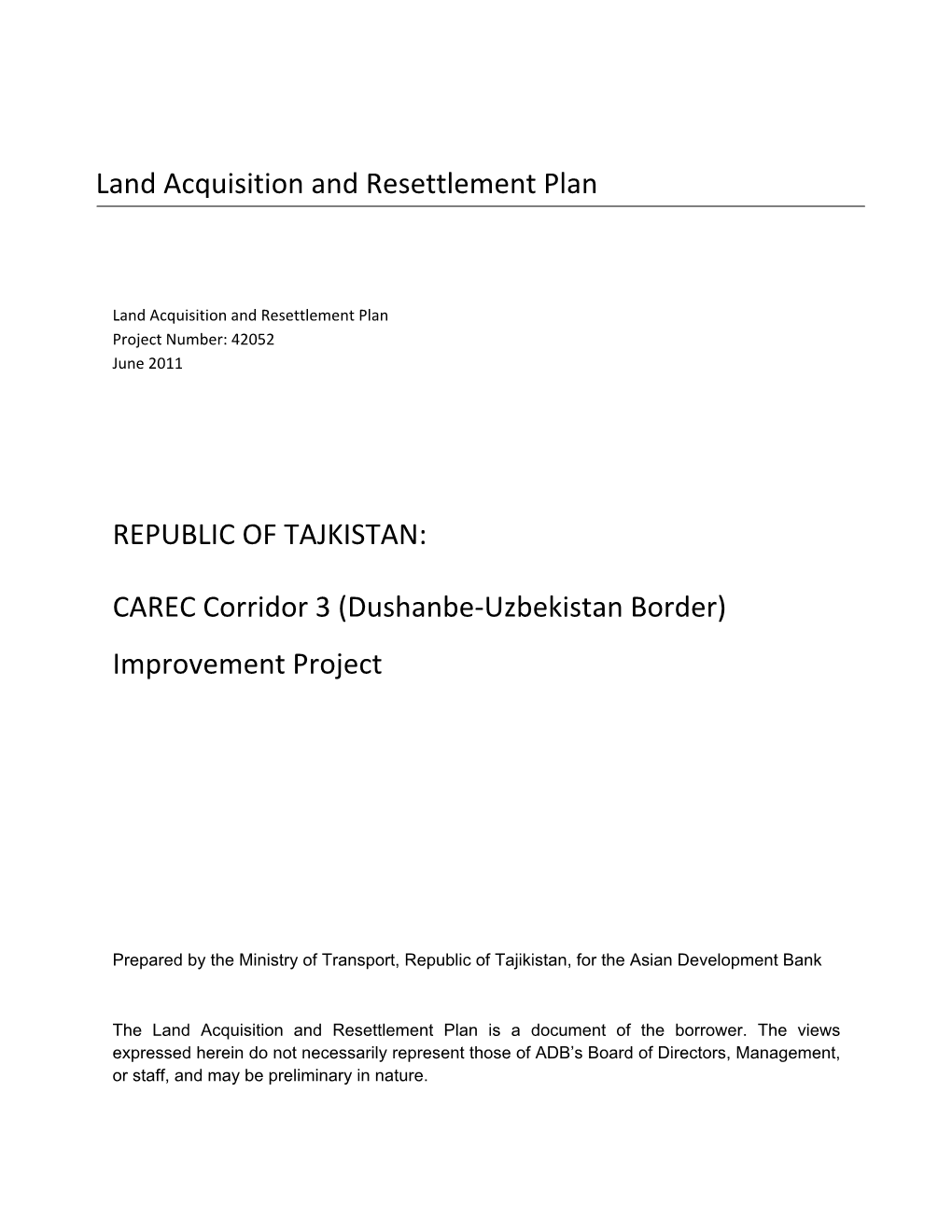 RP: Tajikistan: CAREC Corridor 3 (Dushanbe-Uzbekistan Border)