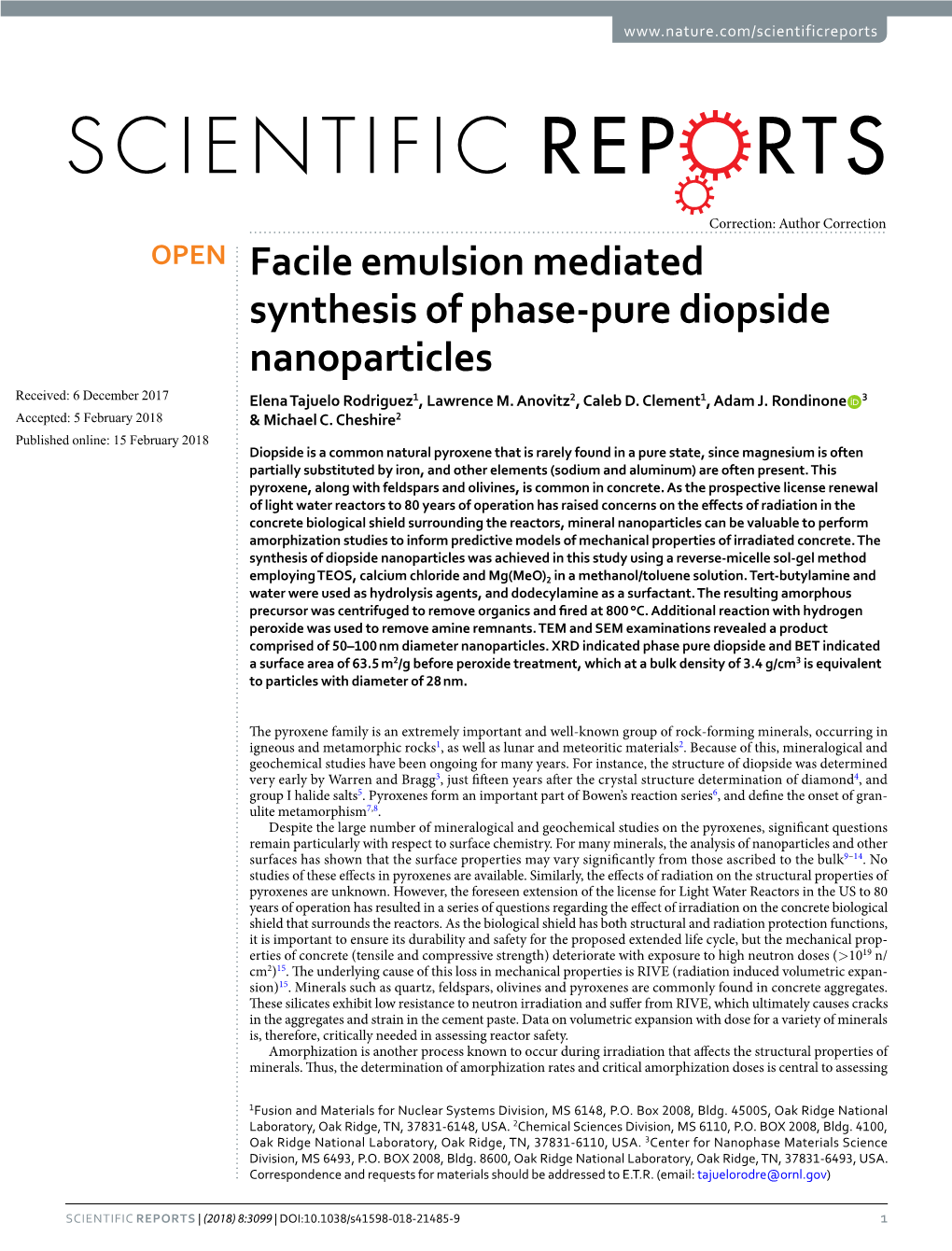 Facile Emulsion Mediated Synthesis of Phase-Pure Diopside Nanoparticles Received: 6 December 2017 Elena Tajuelo Rodriguez1, Lawrence M