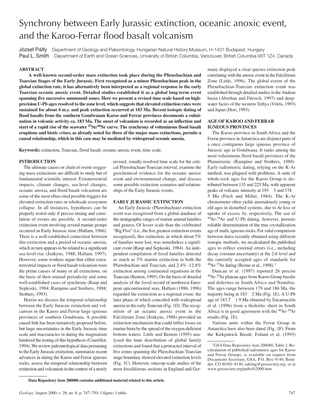 Synchrony Between Early Jurassic Extinction, Oceanic Anoxic Event, and the Karoo-Ferrar Flood Basalt Volcanism