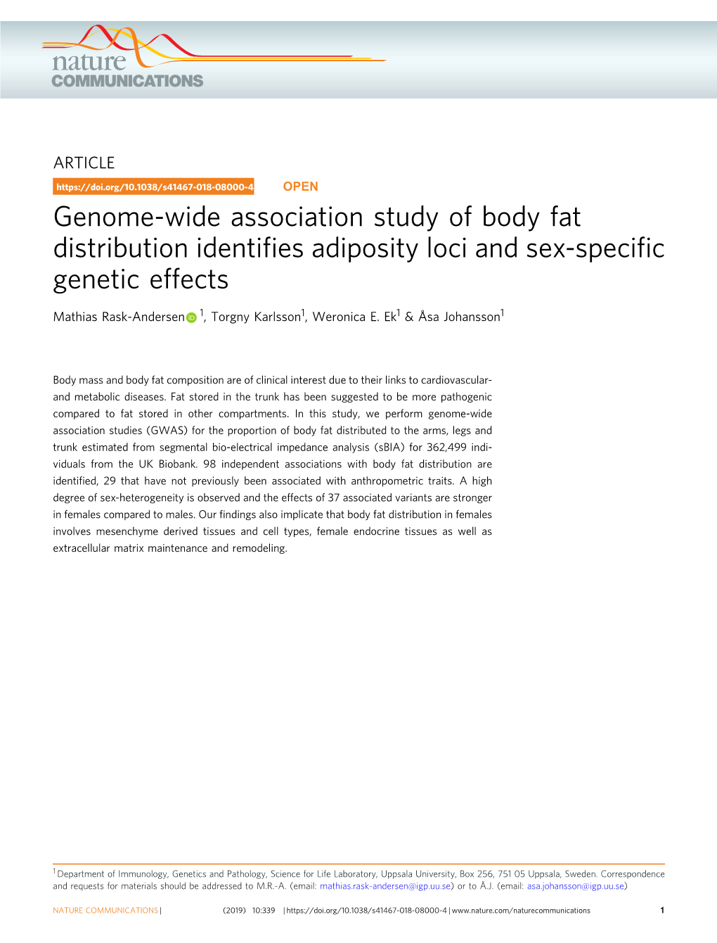 Genome-Wide Association Study of Body Fat Distribution Identifies