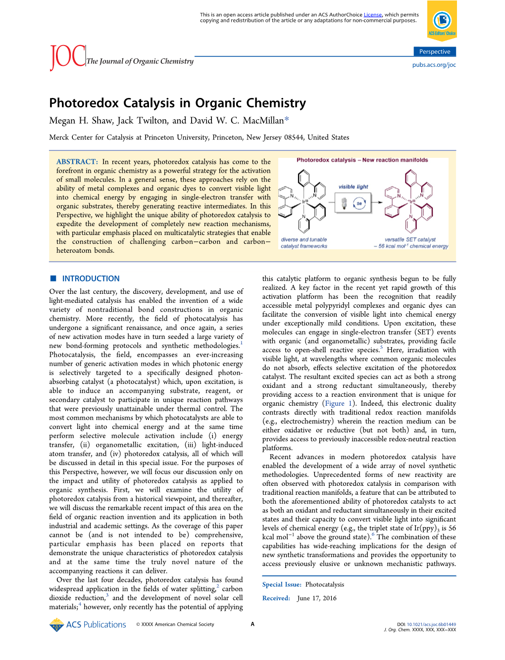 Photoredox Catalysis in Organic Chemistry Megan H