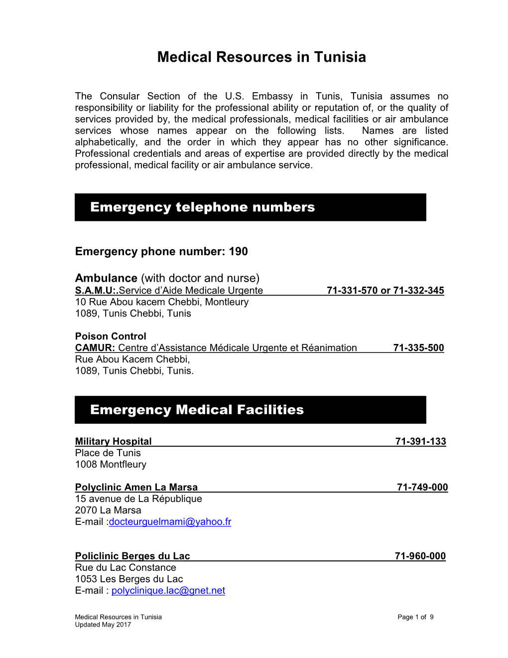 Medical Resources in Tunisia