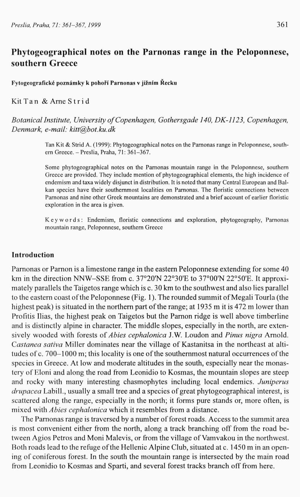 Phytogeographical Notes on the Parnonas Range in the Peloponnese, Southern Greece