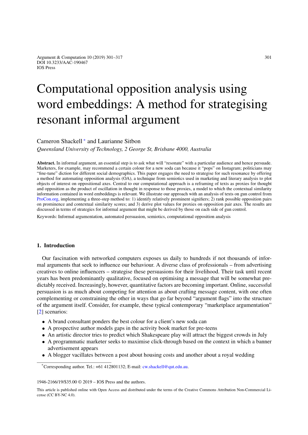 Computational Opposition Analysis Using Word Embeddings: a Method for Strategising Resonant Informal Argument