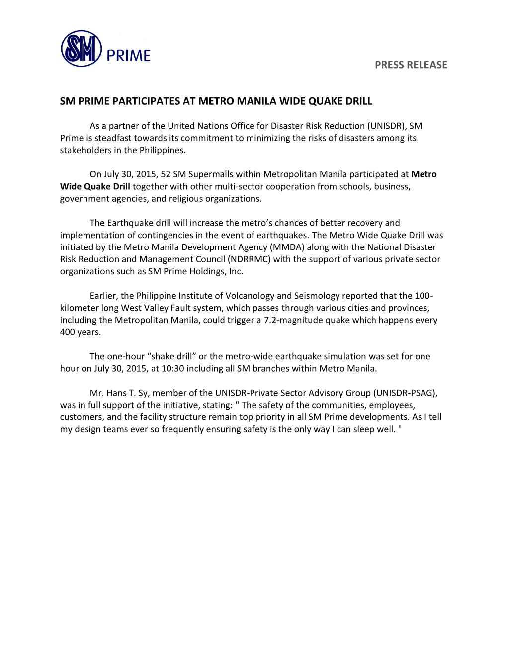 Press Release Sm Prime Participates at Metro Manila Wide Quake Drill