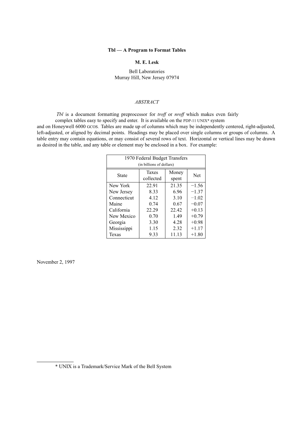 Tbl — a Program to Format Tables M. E. Lesk Bell Laboratories Murray