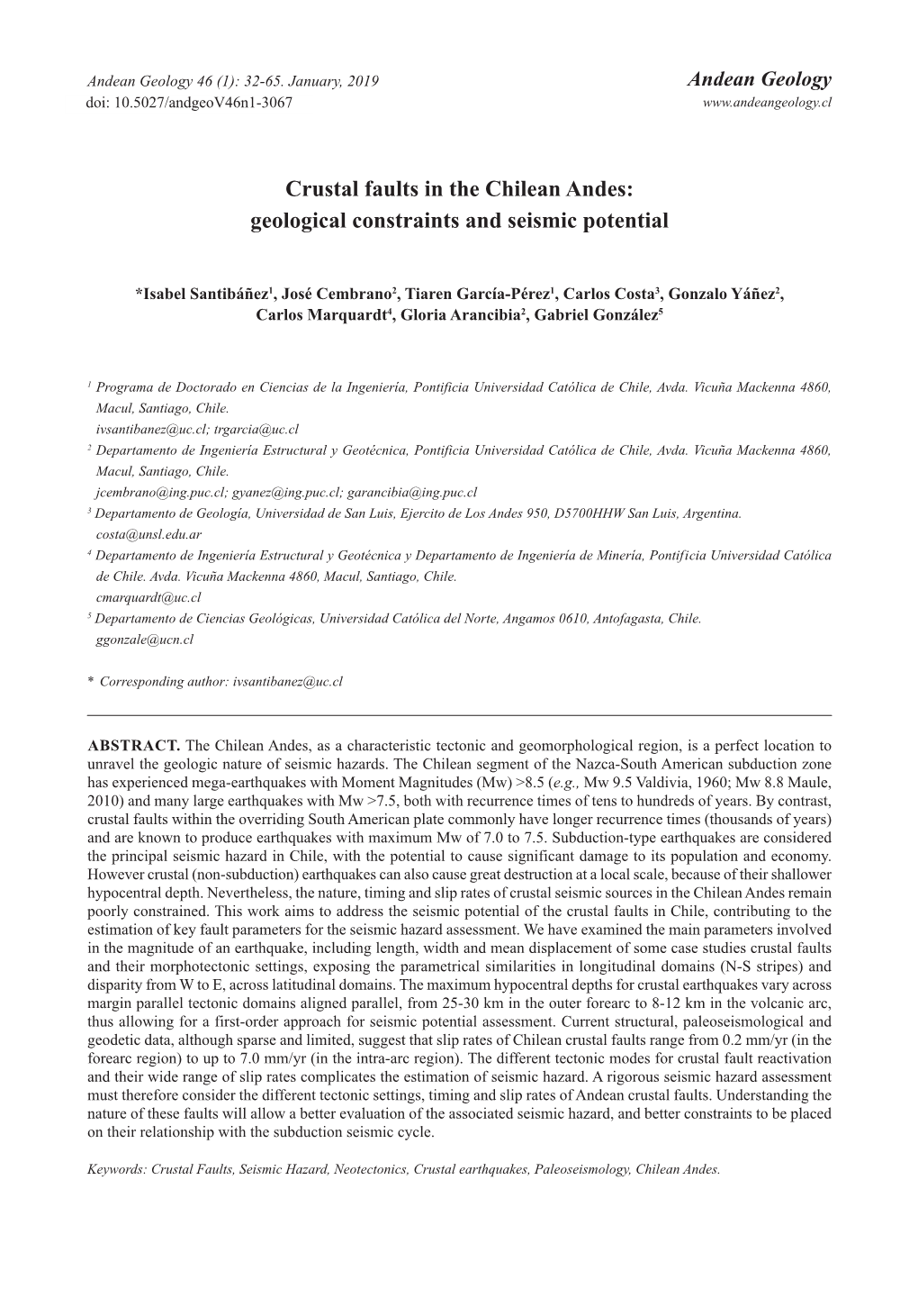 Crustal Faults in the Chilean Andes: Geological Constraints and Seismic Potential