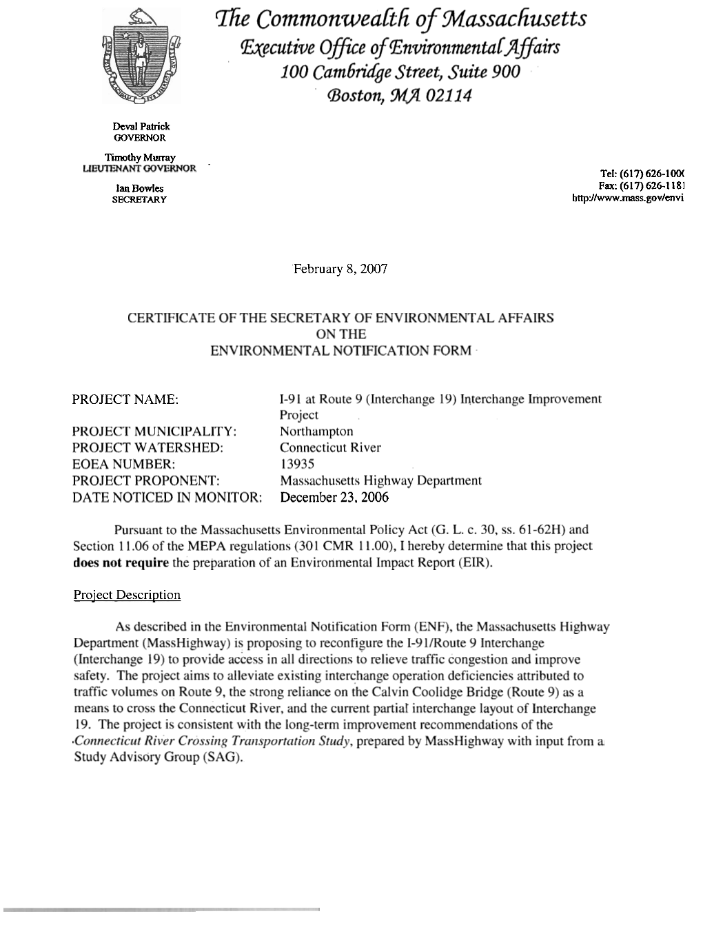 Ltie Commonweactii of Nussachusetts Wecutive Ofice of Environmentalaffairs IOO Cam6dge Street, Suite 900 Boston, Mfl02114