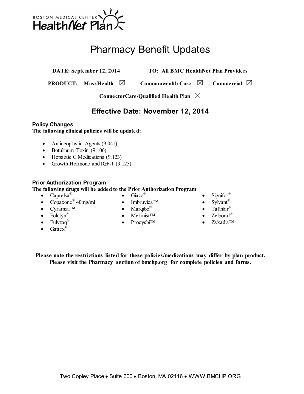 Pharmacy Benefit Updates