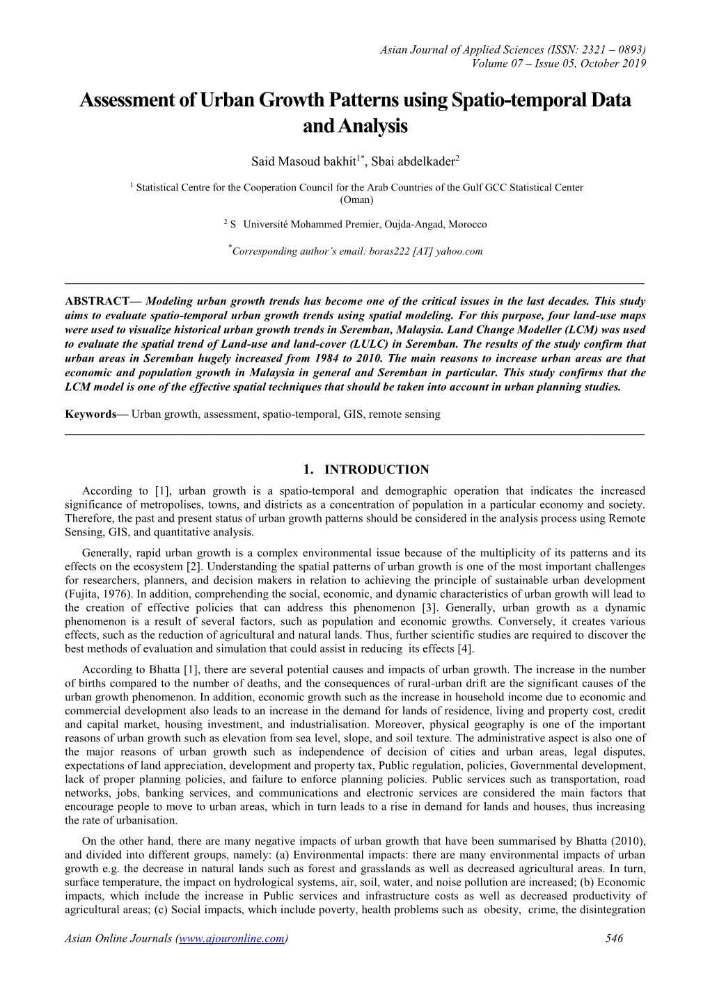 Assessment of Urban Growth Patterns Using Spatio-Temporal Data and Analysis