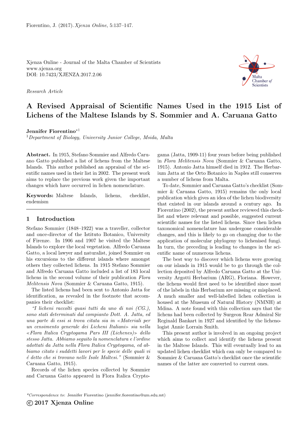 A Revised Appraisal of Scientific Names Used in the 1915 List of Lichens of the Maltese Islands by S. Sommier and A. Caruana