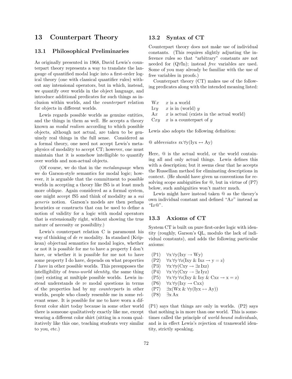 13 Counterpart Theory 13.2 Syntax of CT Counterpart Theory Does Not Make Use of Individual 13.1 Philosophical Preliminaries Constants