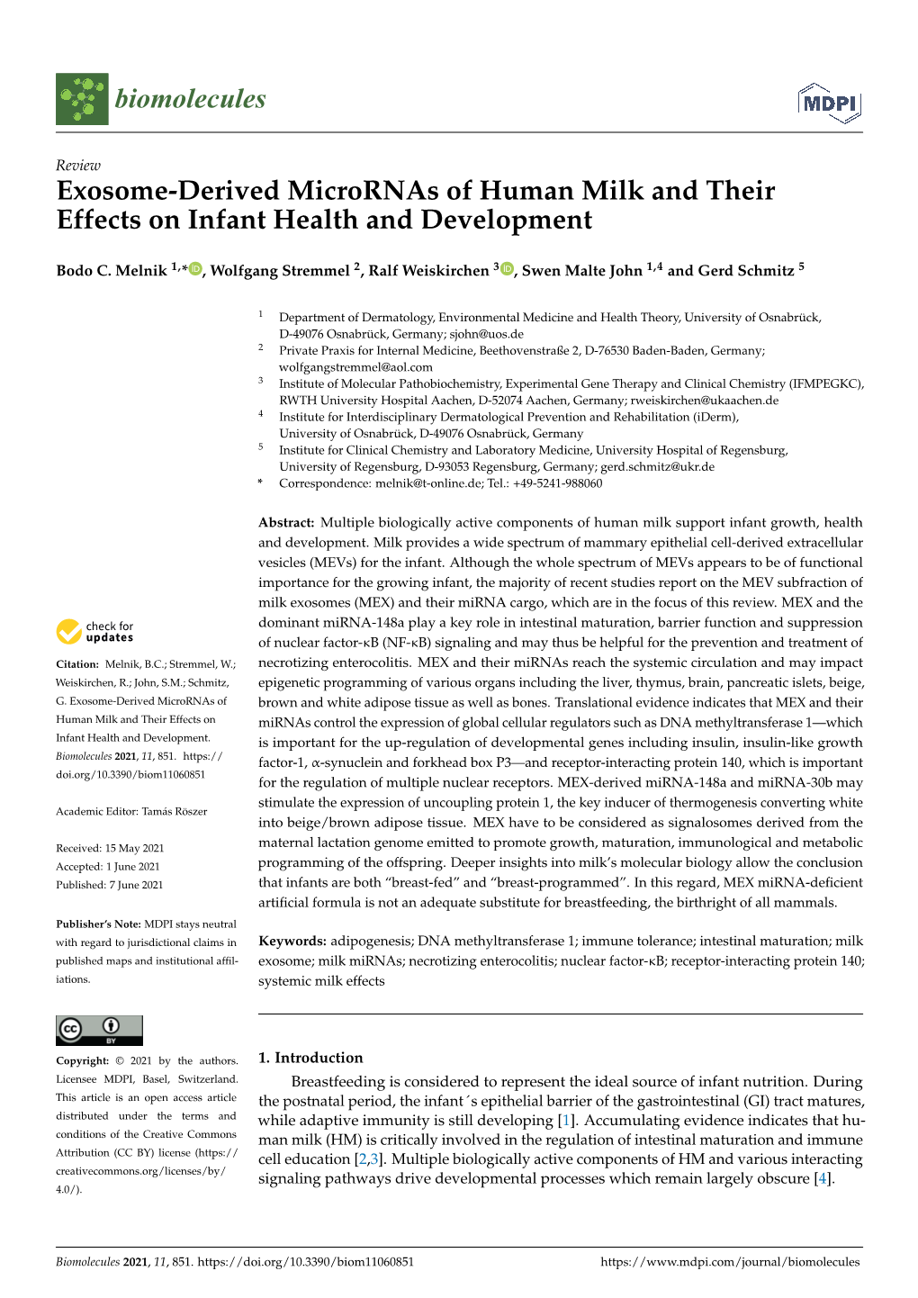 Exosome-Derived Micrornas of Human Milk and Their Effects on Infant Health and Development