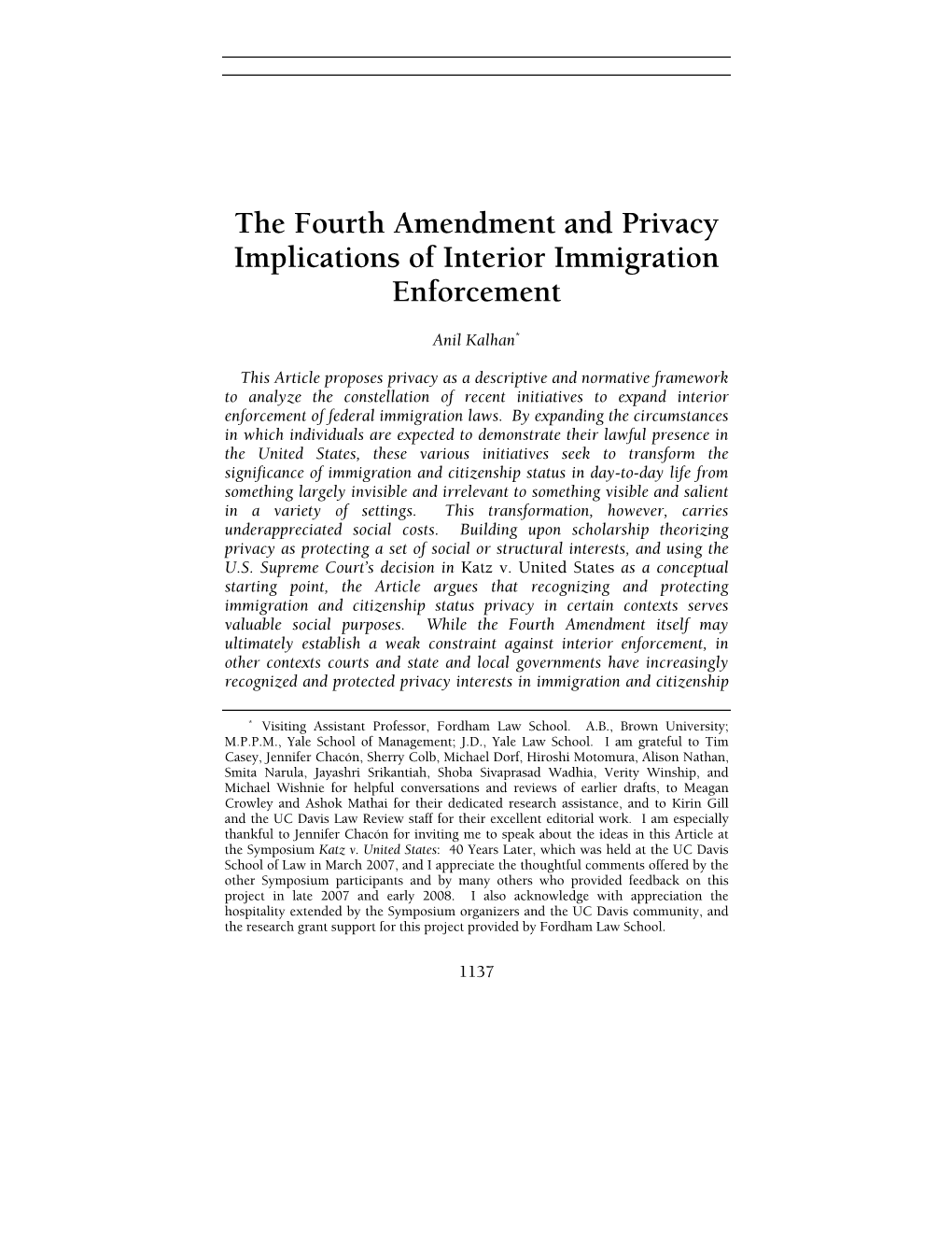 The Fourth Amendment and Privacy Implications of Interior Immigration Enforcement