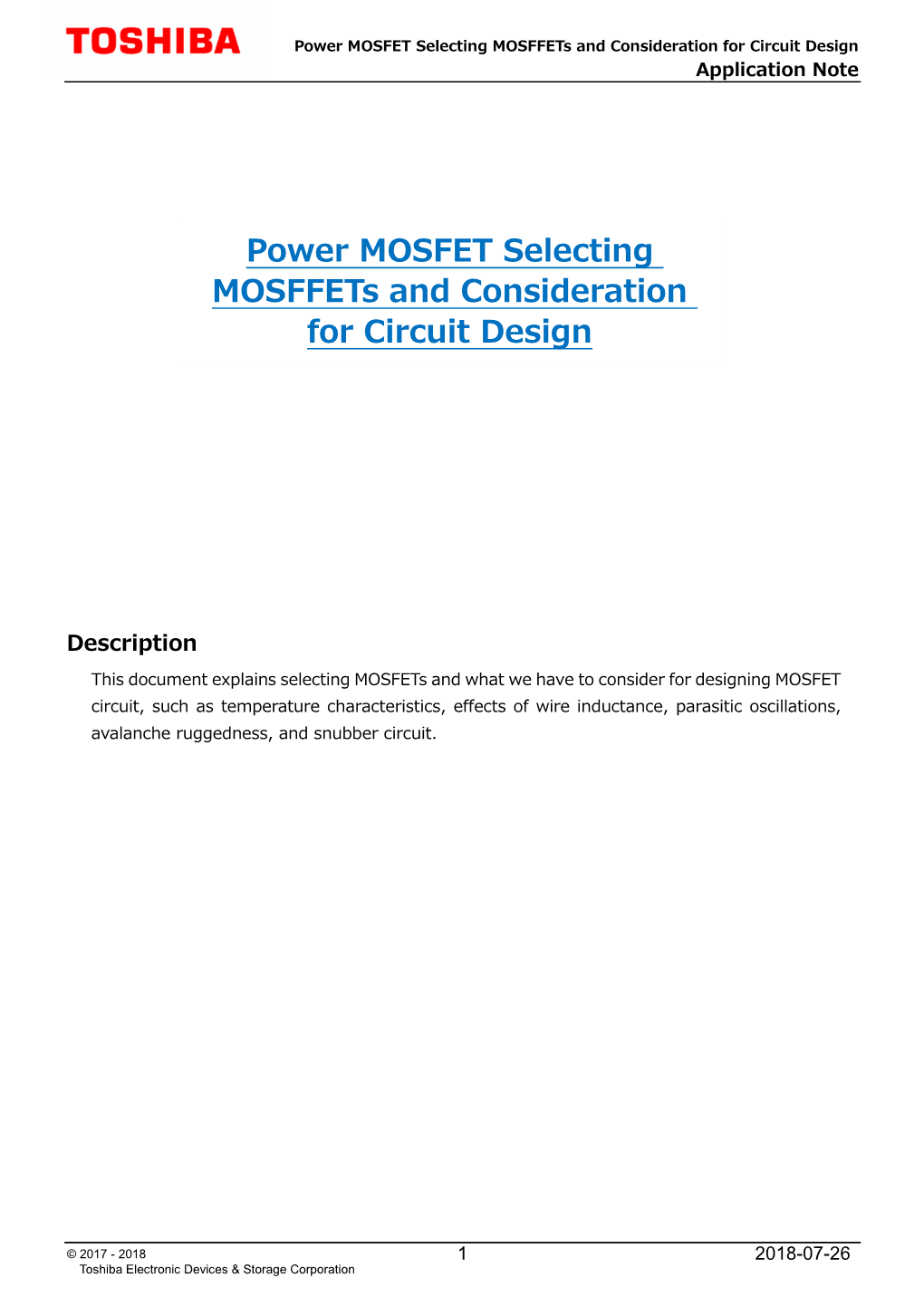 Power MOSFET Selecting Mosffets and Consideration for Circuit Design Application Note