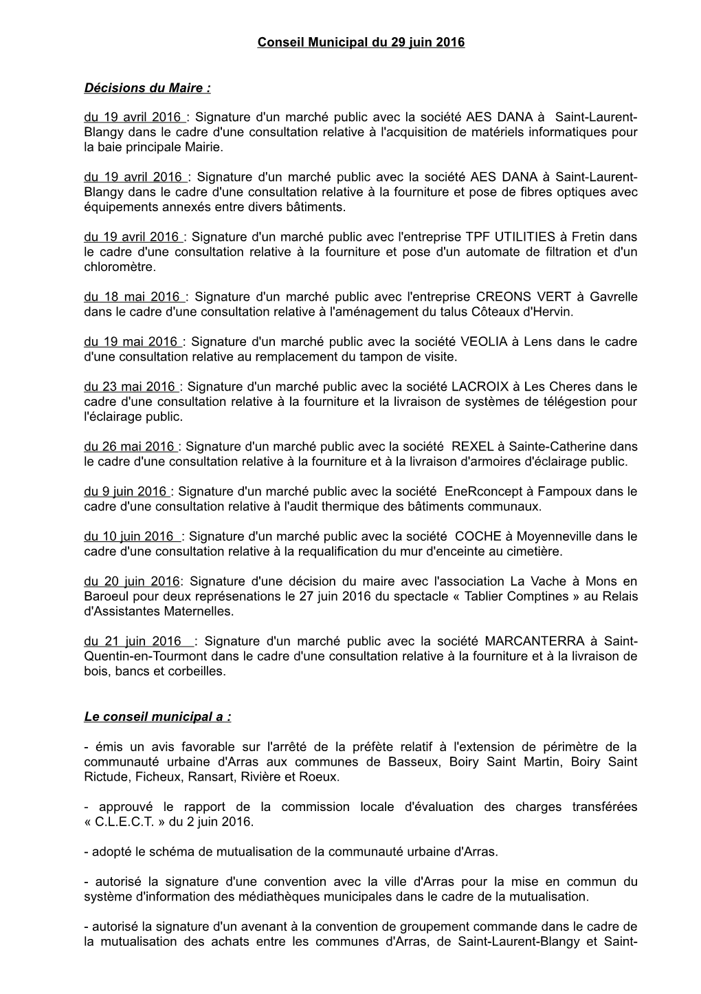 Conseil Municipal Du 29 Juin 2016