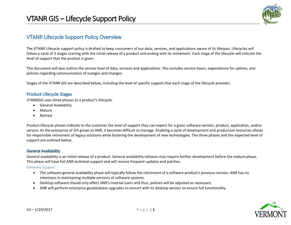 VTANR GIS – Lifecycle Support Policy