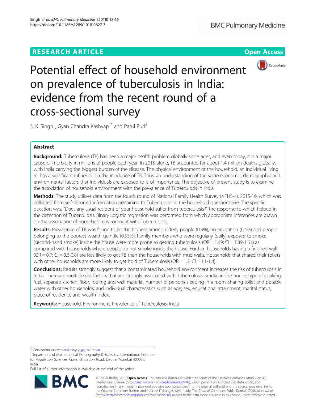 Potential Effect of Household Environment on Prevalence of Tuberculosis in India: Evidence from the Recent Round of a Cross-Sectional Survey S