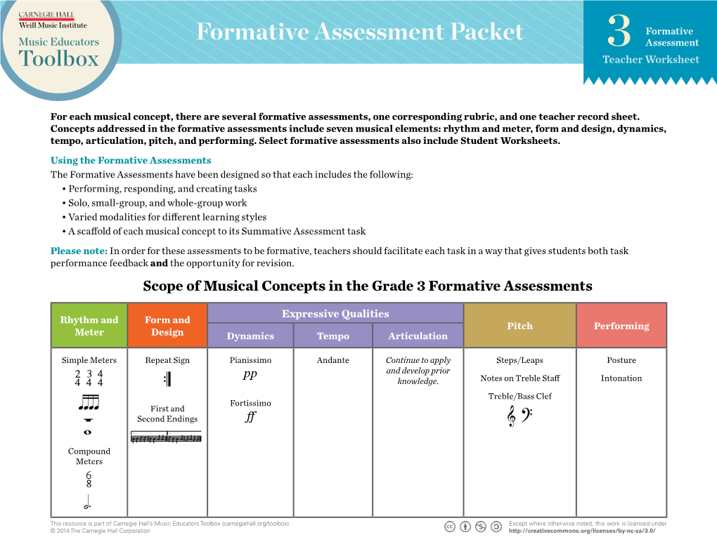 Formative Assessment Packet Formative Music Educators 3 Assessment Toolbox Teacher Worksheet