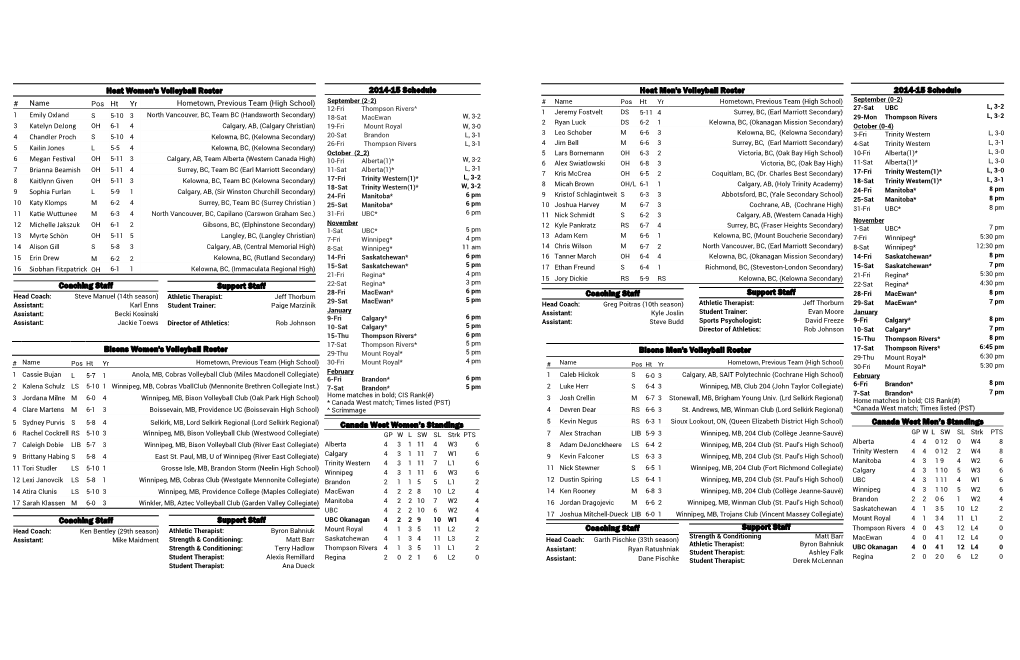 2014-15 Schedule Heat Women's Volleyball Roster Bisons Women's