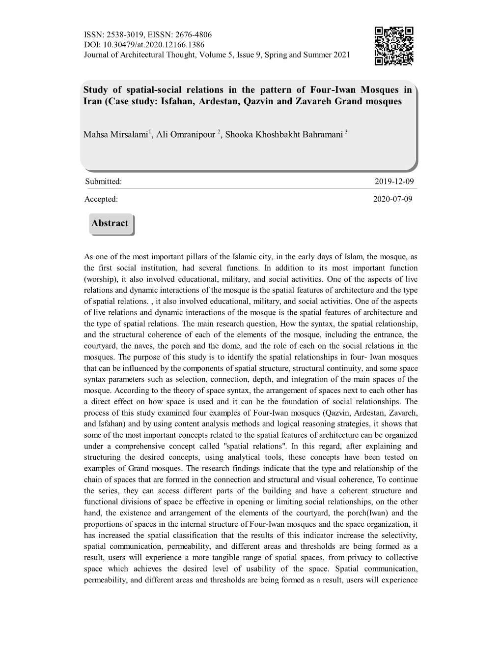 Study of Spatial-Social Relations in the Pattern of Four-Iwan Mosques in Iran (Case Study: Isfahan, Ardestan, Qazvin and Zavareh Grand Mosques
