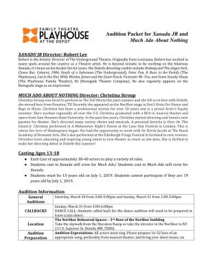 Audition Packet for Xanadu JR and Much Ado About Nothing