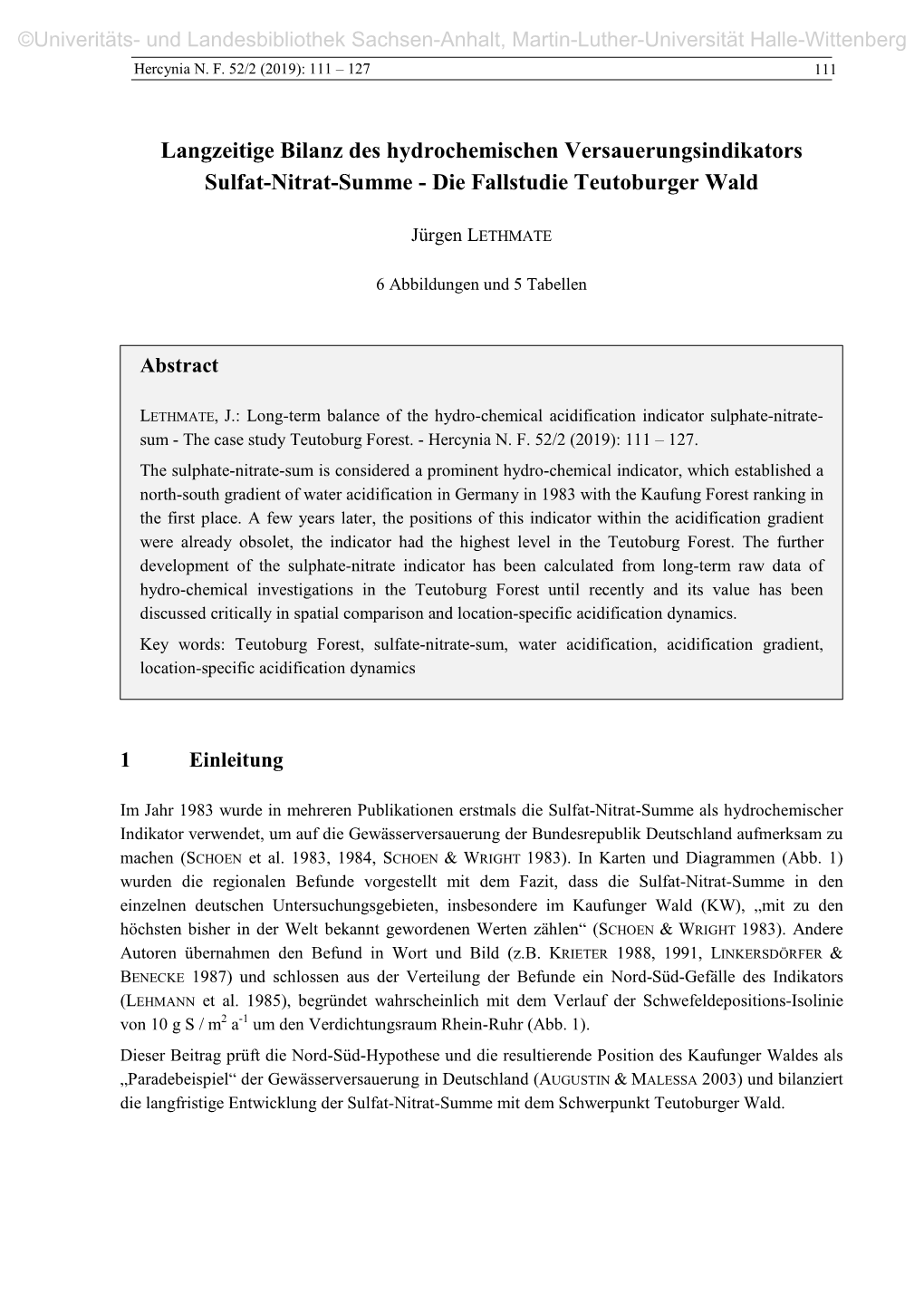 Langzeitige Bilanz Des Hydrochemischen Versauerungsindikators Sulfat-Nitrat-Summe - Die Fallstudie Teutoburger Wald