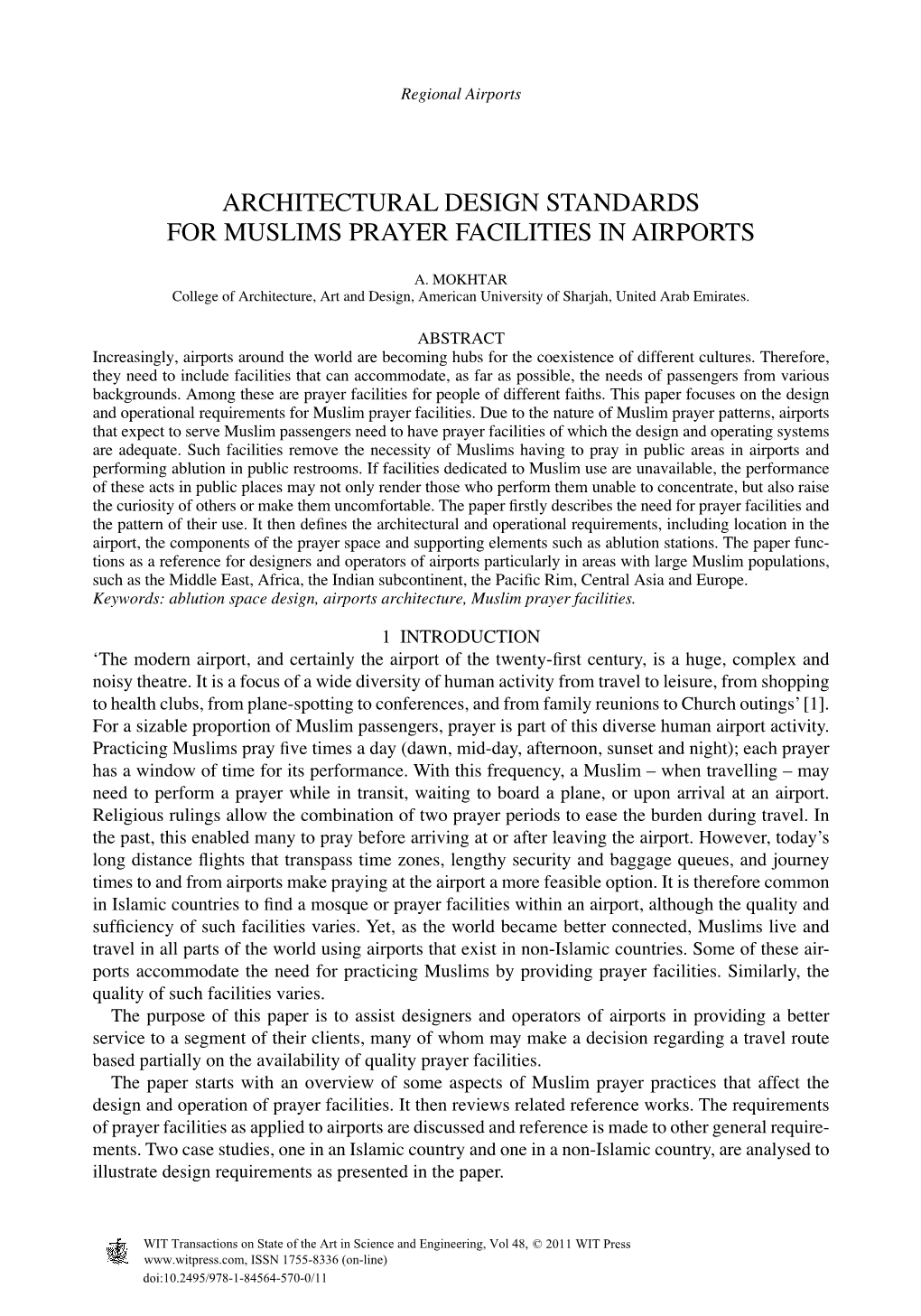 Architectural Design Standards for Muslims Prayer Facilities in Airports