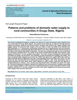 Patterns and Problems of Domestic Water Supply to Rural Communities in Enugu State, Nigeria