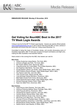 Get Voting for #Ourabc Best in the 2017 TV Week Logie Awards