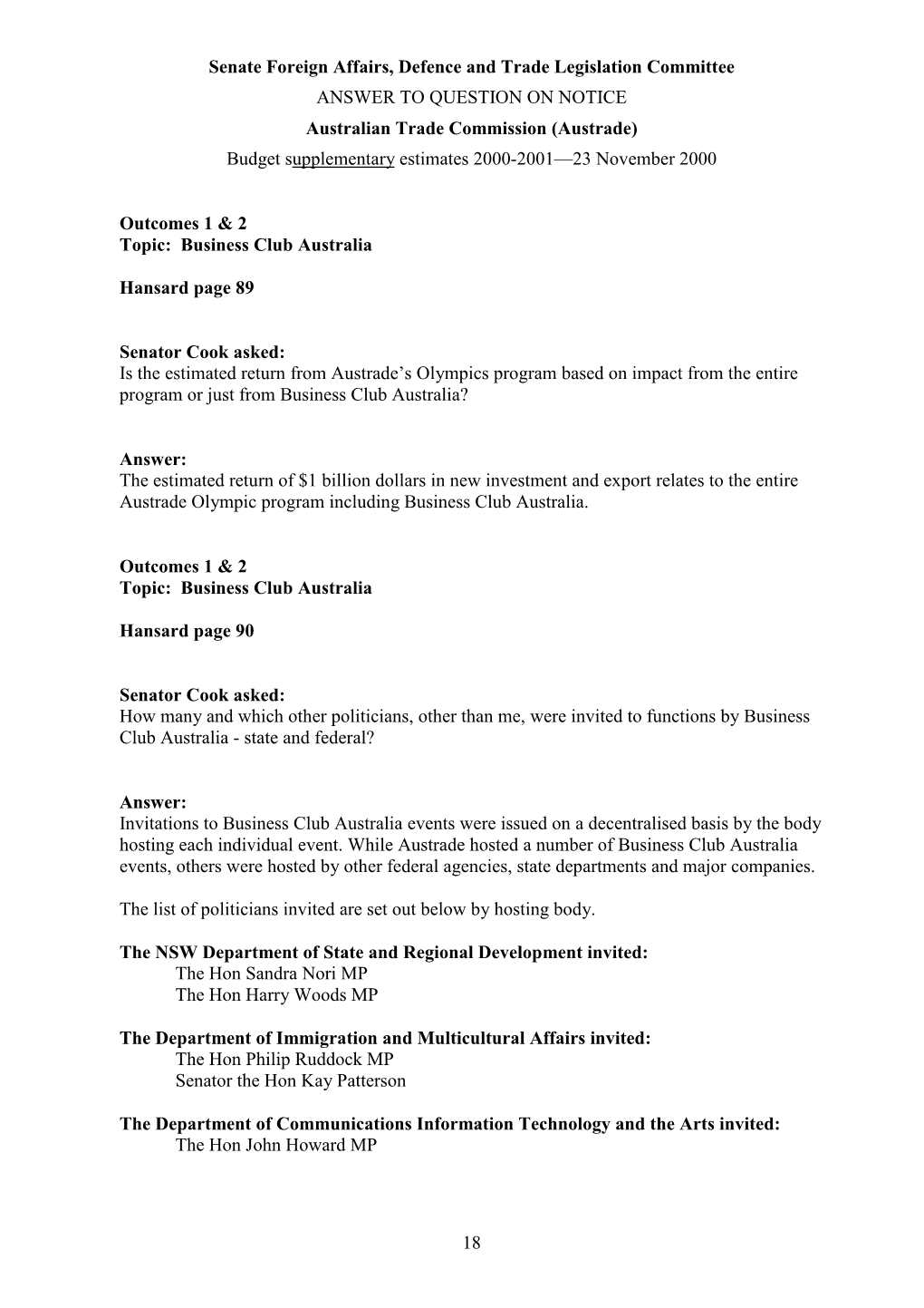 Budget Supplementary Estimates 2000-2001—23 November 2000