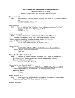 BIBLIOGRAPHY for VERDE RIVER WATERSHED PROJECT. Originally Compiled by Jim Byrkit, Assisted by Bruce Hooper, Both of Northern Arizona University