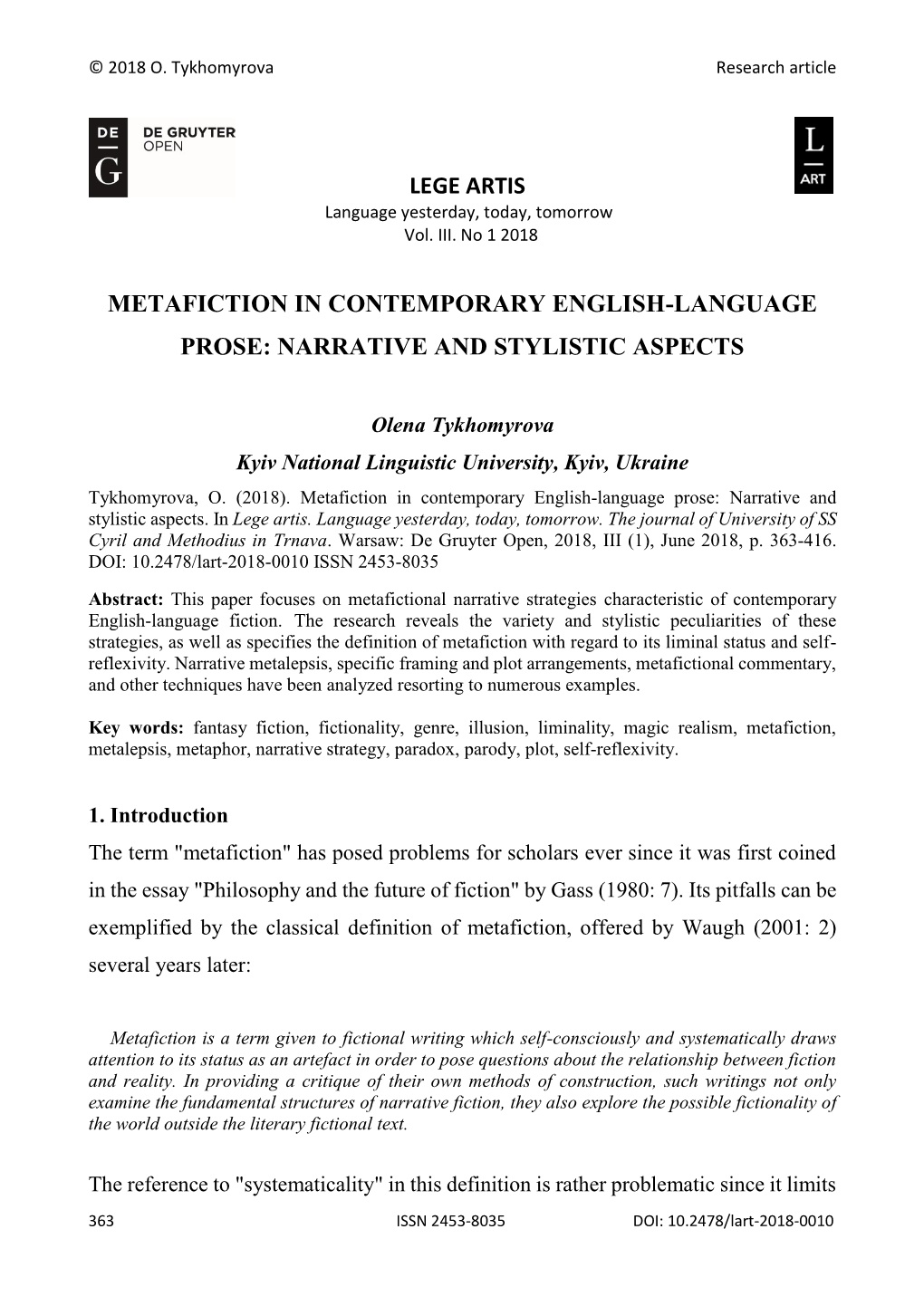 Metafiction in Contemporary English-Language Prose: Narrative and Stylistic Aspects