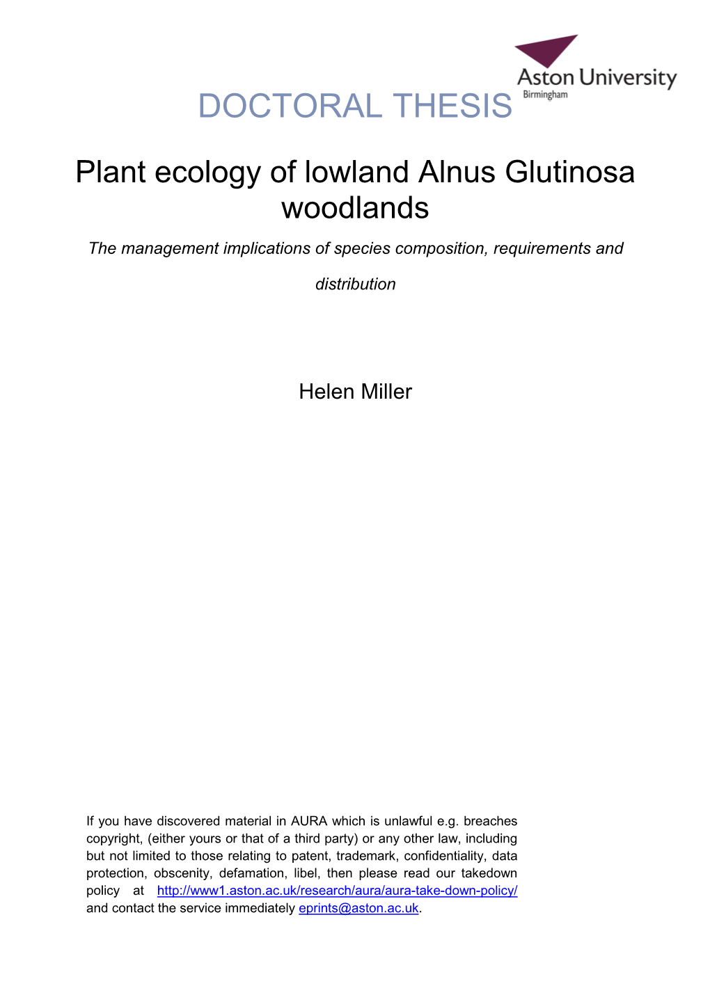 Plant Ecology of Lowland Alnus Glutinosa Woodlands: the Management Implications of Species Composition, Requirements and Distribution