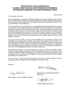 Open Letter to G8 Leaders on a Global Fund for Education from Mary Robinson, Archbishop Desmond Tutu and Muhammad Yunus