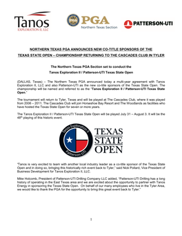 Northern Texas Pga Announces New Co-Title Sponsors of the Texas State Open – Championship Returning to the Cascades Club in Tyler