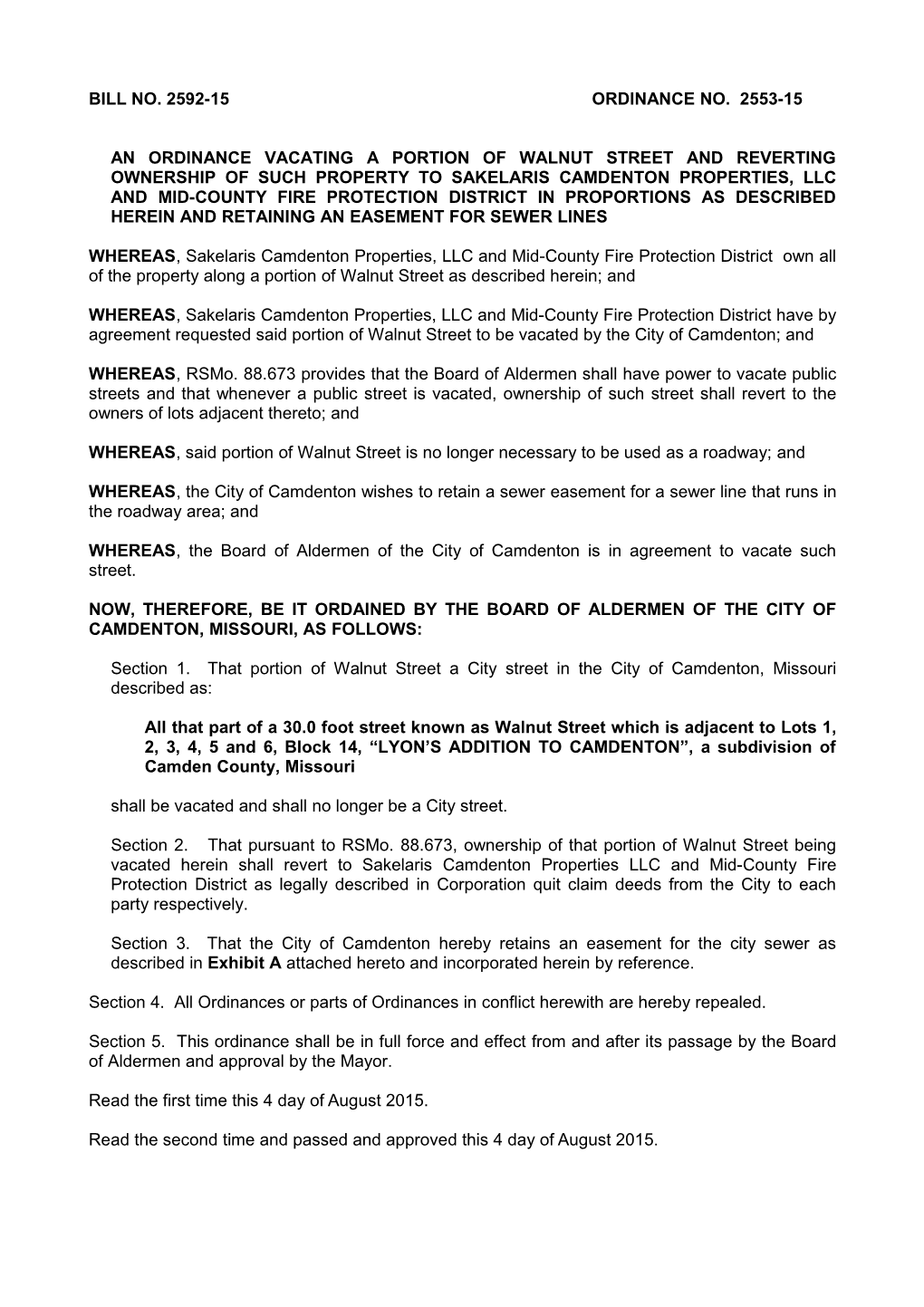 Bill No. 2592-15 Ordinance No. 2553-15