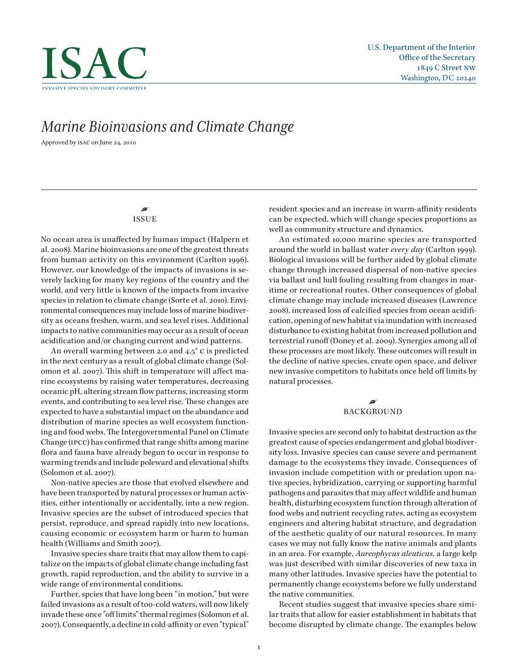 Marine Bioinvasions and Climate Change Approved by Isac on June 24, 2010