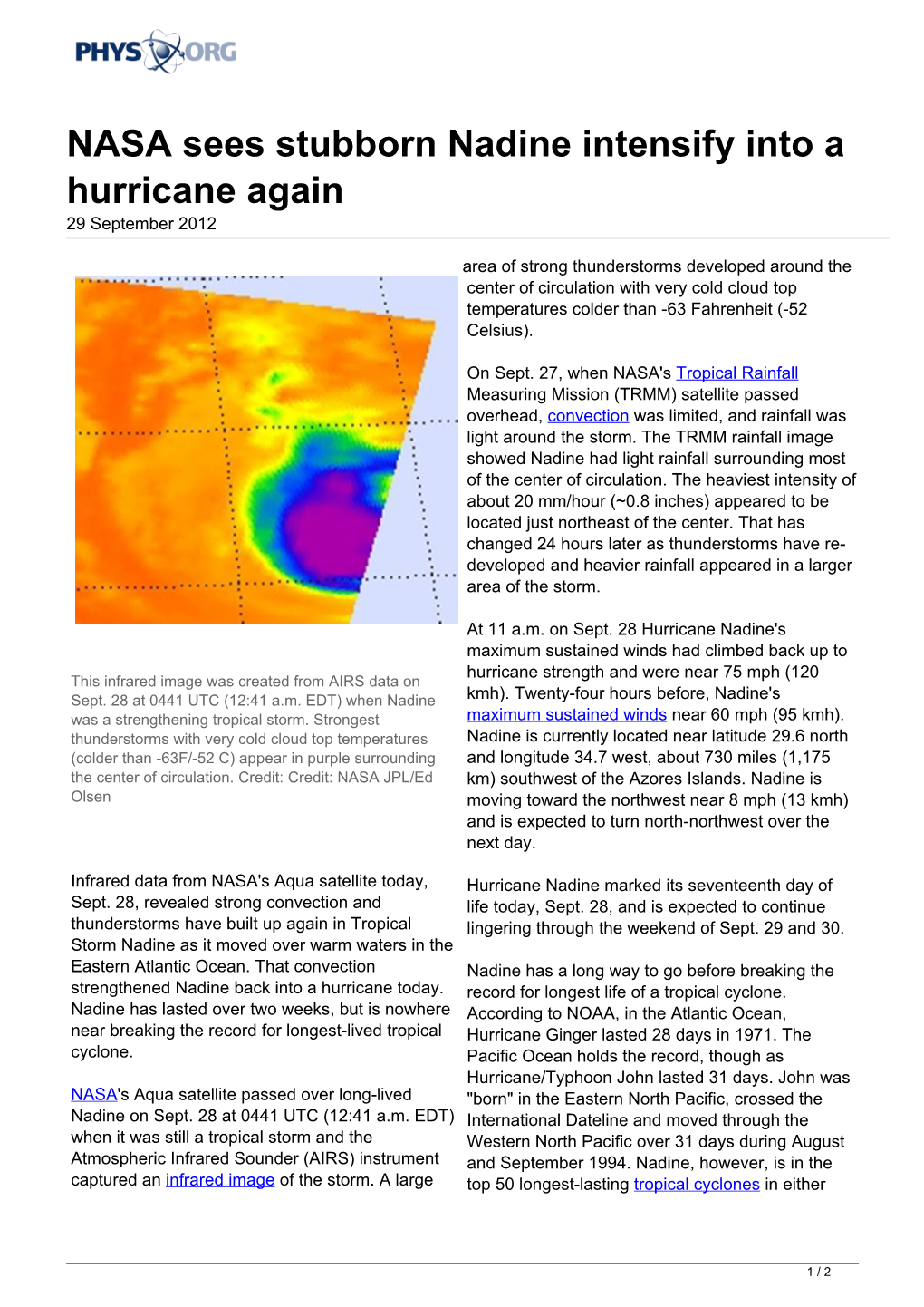 NASA Sees Stubborn Nadine Intensify Into a Hurricane Again 29 September 2012