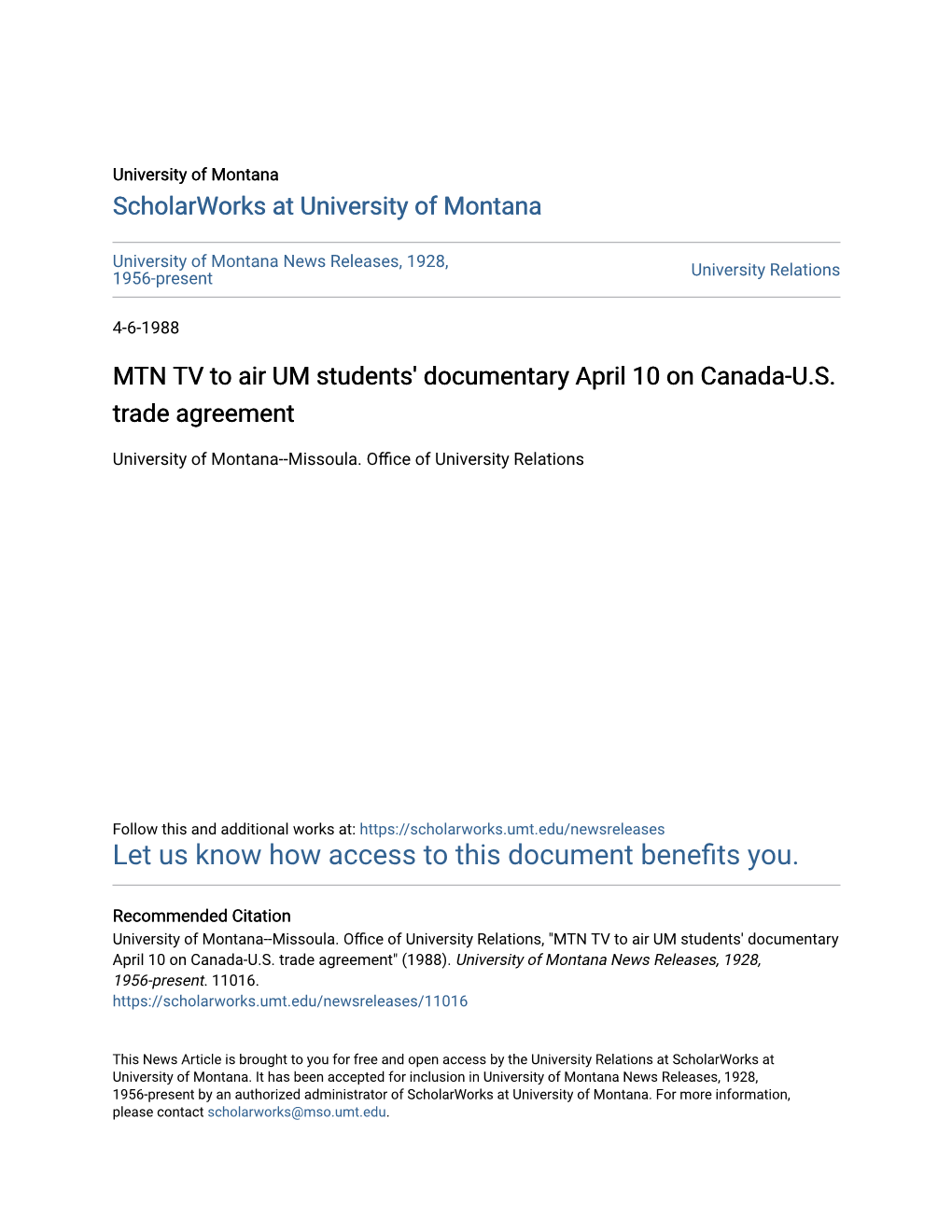MTN TV to Air UM Students' Documentary April 10 on Canada-U.S
