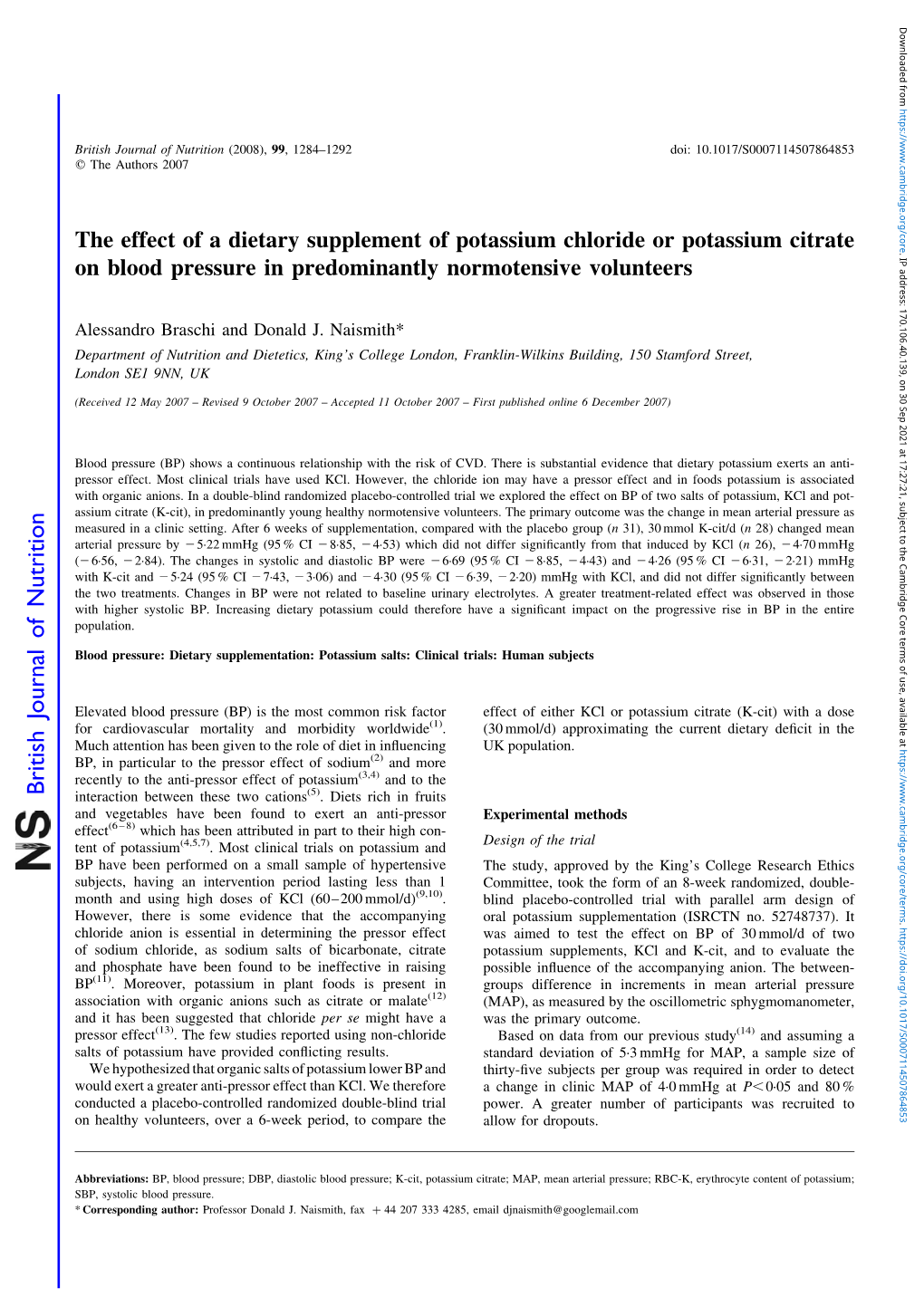 The Effect of a Dietary Supplement of Potassium Chloride Or Potassium Citrate