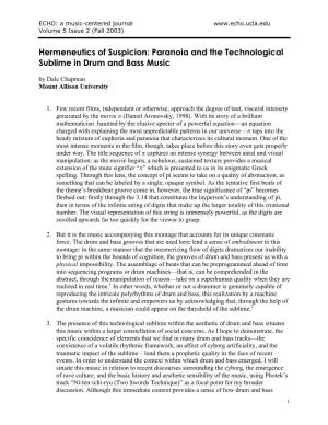 Hermeneutics of Suspicion: Paranoia and the Technological Sublime in Drum and Bass Music by Dale Chapman Mount Allison University