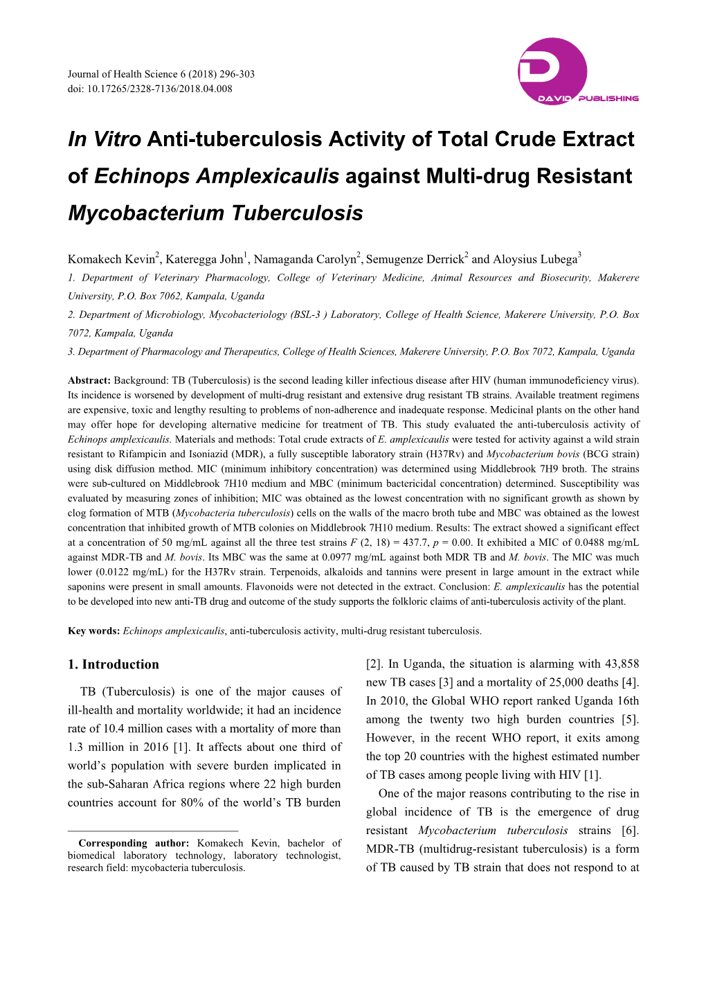 In Vitro Anti-Tuberculosis Activity of Total Crude Extract of Echinops Amplexicaulis Against Multi-Drug Resistant Mycobacterium Tuberculosis