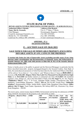 STATE BANK of INDIA RETAIL ASSETS CENTRAL PROCESSING CENTRE (RACPC) – II, KORAMANGALA Authorised Officer’S Details: Address of the Branch: Name: Shri K