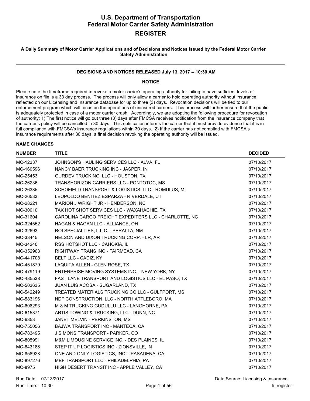 U.S. Department of Transportation Federal Motor Carrier Safety Administration REGISTER